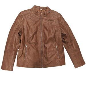 Danier Brown Leather Biker Style Jacket With Quilted Sleeves & Zip Pocke…